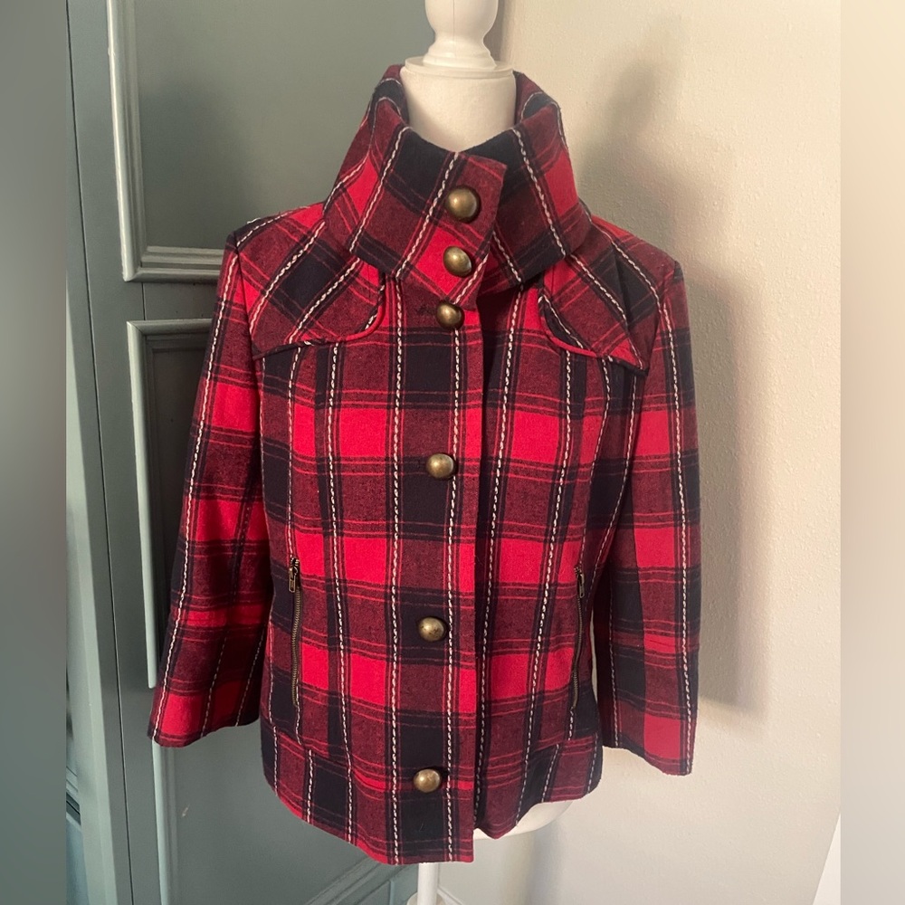 Tulle Plaid Pea Coat in Red and Dark Blue